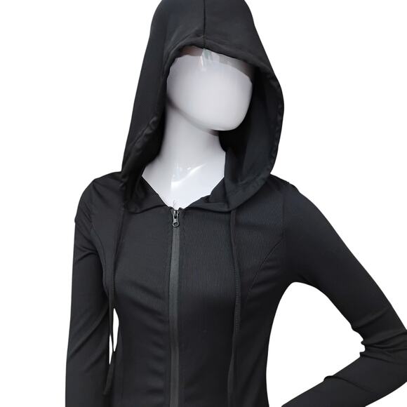 Shein Ribbed Full Zipper Hoodie with Drawstring Size Small Fitted Lightweight - Picture 2 of 10